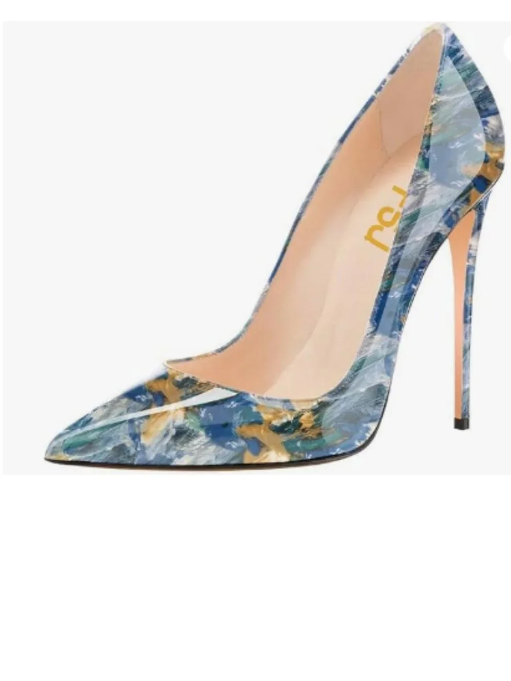 FSJ Blue Multi High Heel Pump Pointy Toe Evening Party Dress Print Shoes